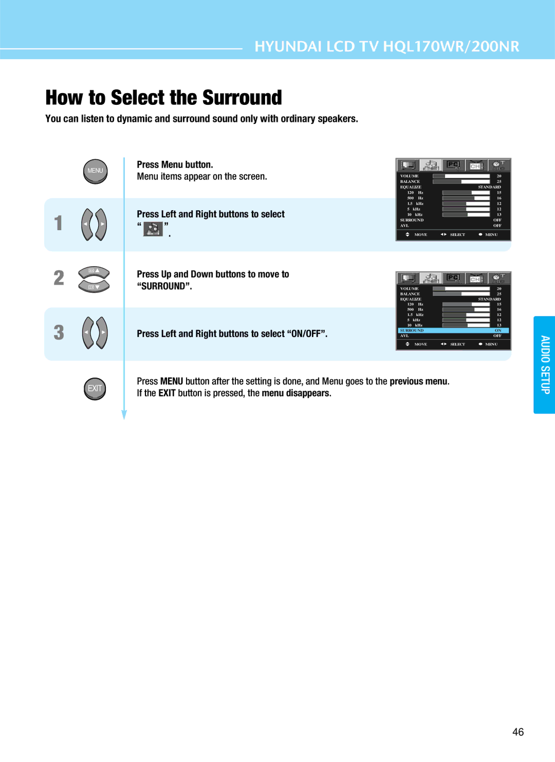 Hyundai HQL170WR, HQL200NR manual How to Select the Surround, Press Menu button 