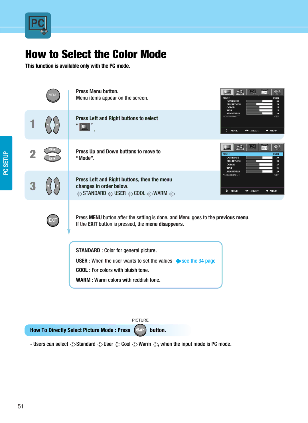 Hyundai HQL200NR, HQL170WR manual How to Select the Color Mode, This function is available only with the PC mode 