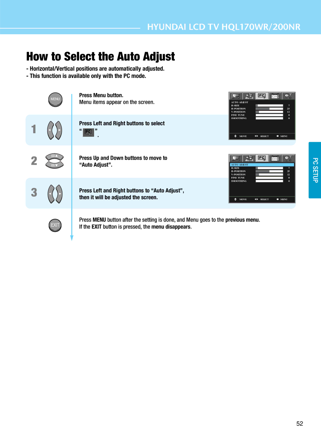 Hyundai HQL170WR, HQL200NR manual How to Select the Auto Adjust, Press Menu button 