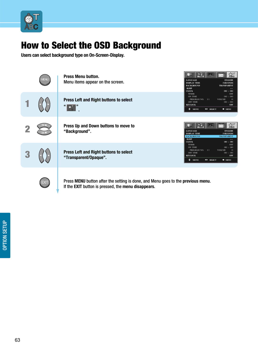 Hyundai HQL200NR, HQL170WR manual How to Select the OSD Background, Users can select background type on On-Screen-Display 