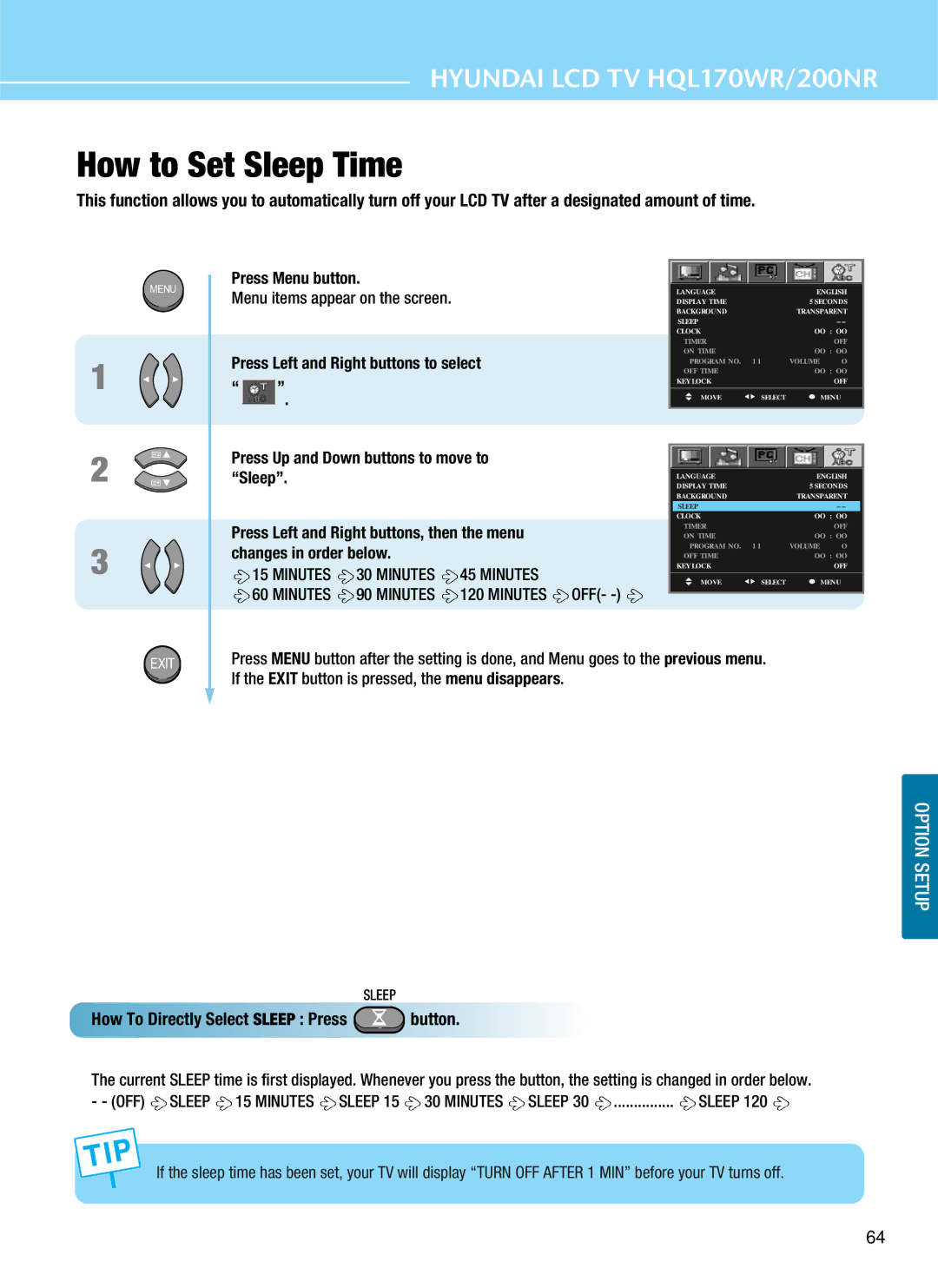 Hyundai HQL170WR, HQL200NR manual How to Set Sleep Time, If the Exit button is pressed, the menu disappears 