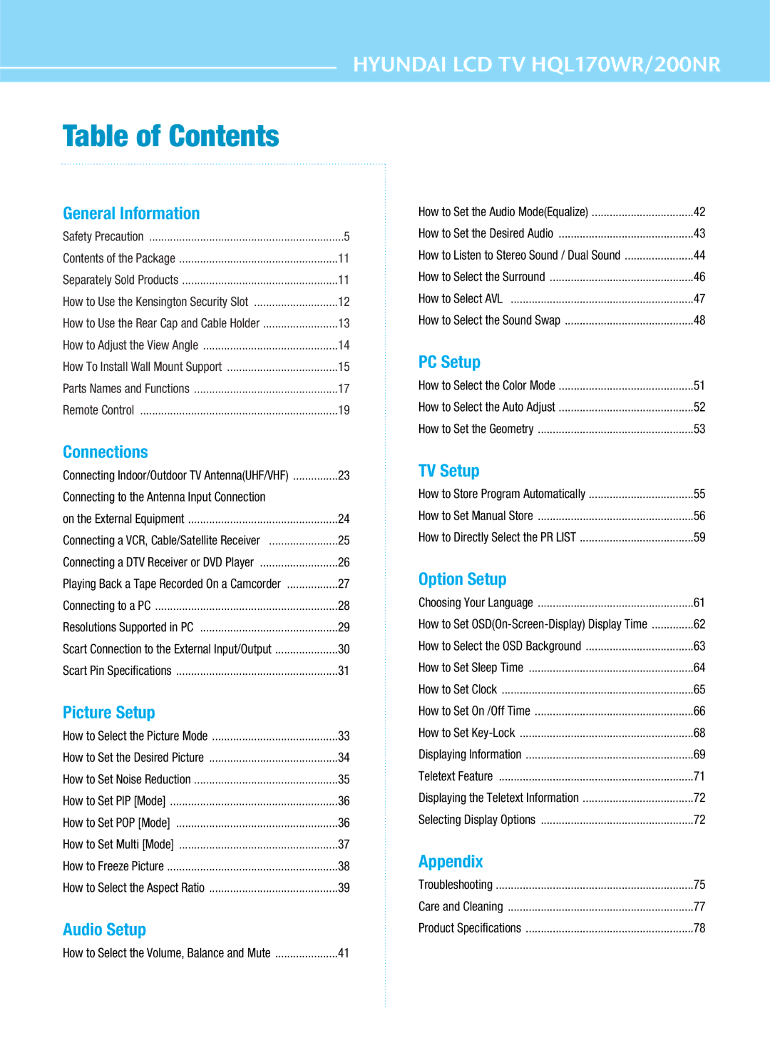 Hyundai HQL170WR, HQL200NR manual Table of Contents 