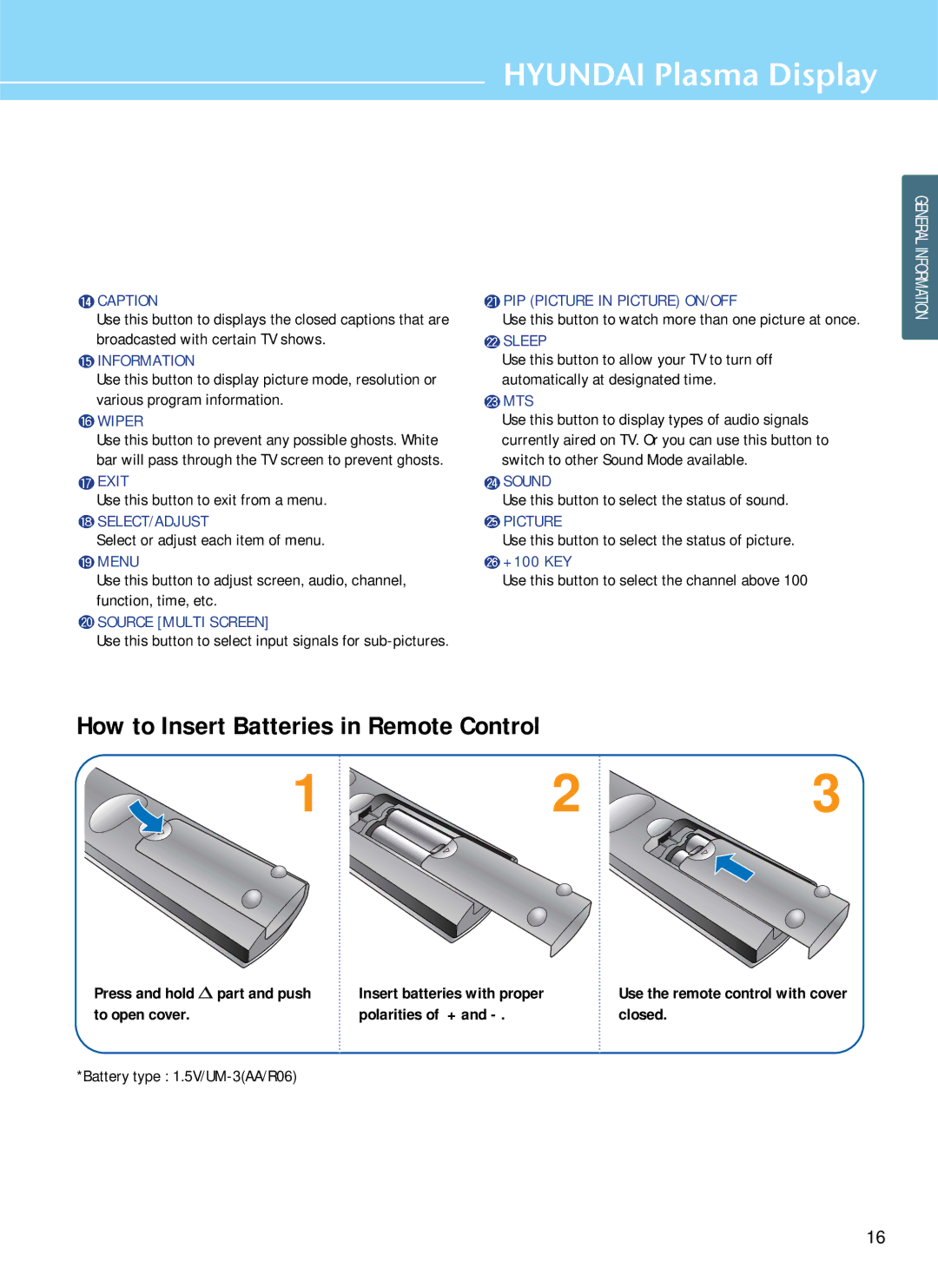 Hyundai HQP501HR How to Insert Batteries in Remote Control, Press and hold ∆ part and push Insert batteries with proper 