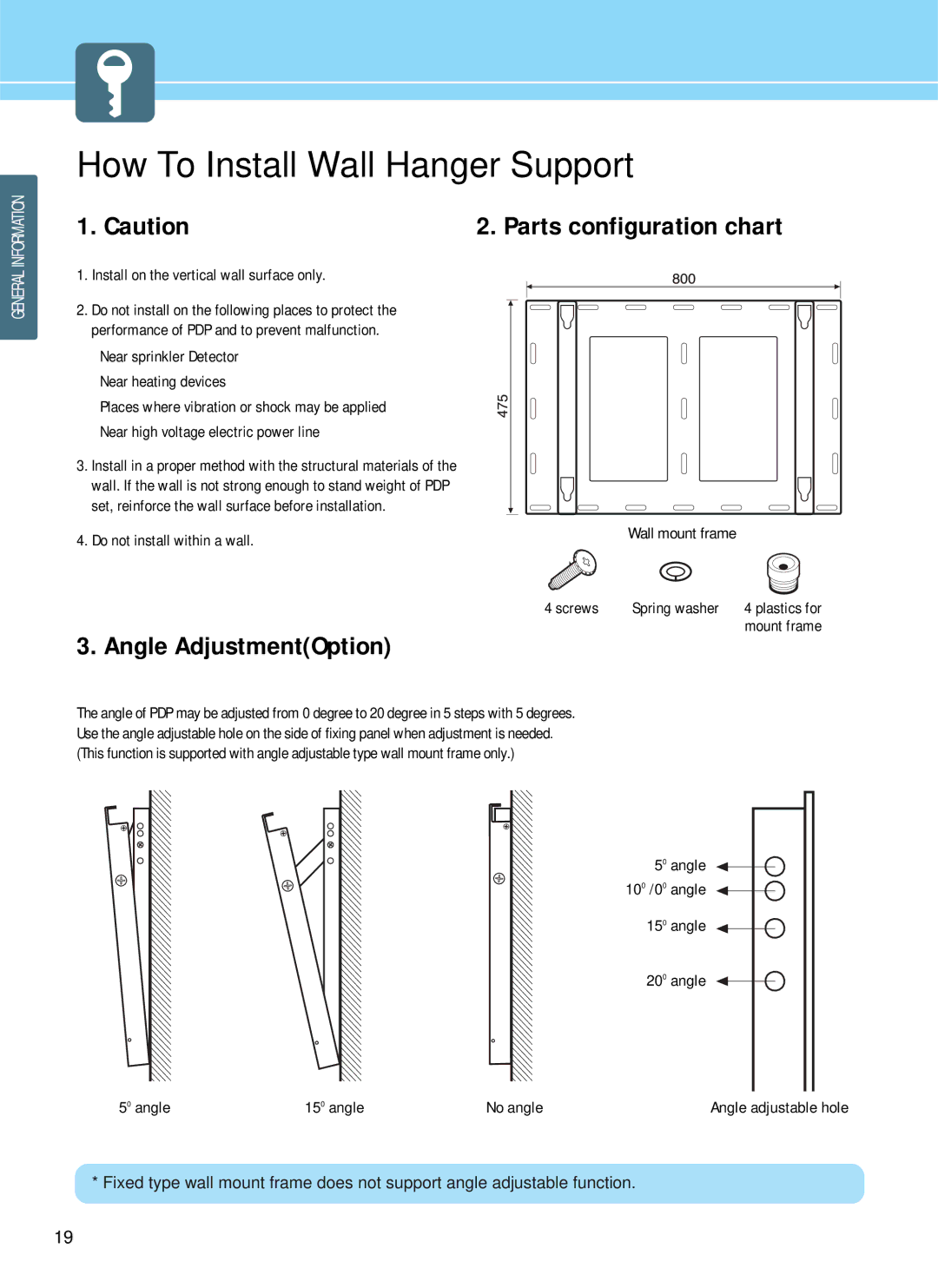 Hyundai HQP501HR, HQP421SR, HQP421HR manual How To Install Wall Hanger Support, Angle AdjustmentOption 