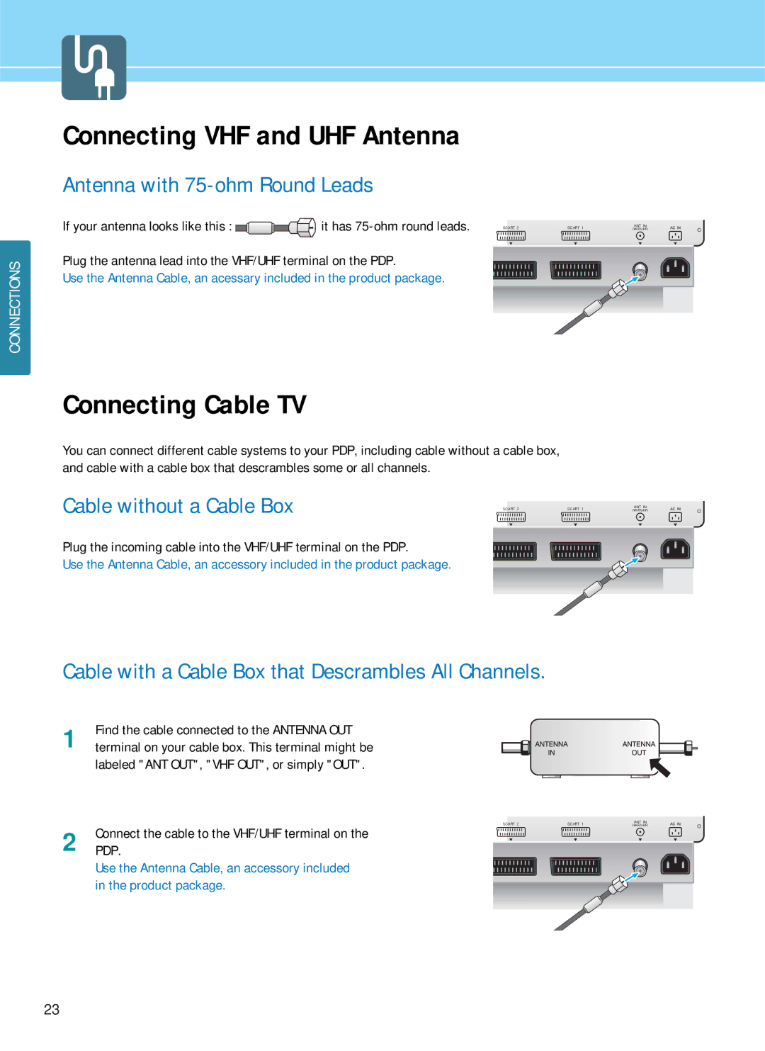 Hyundai HQP421HR, HQP421SR, HQP501HR manual Connecting Cable TV, Labeled ANT OUT, VHF OUT, or simply OUT 