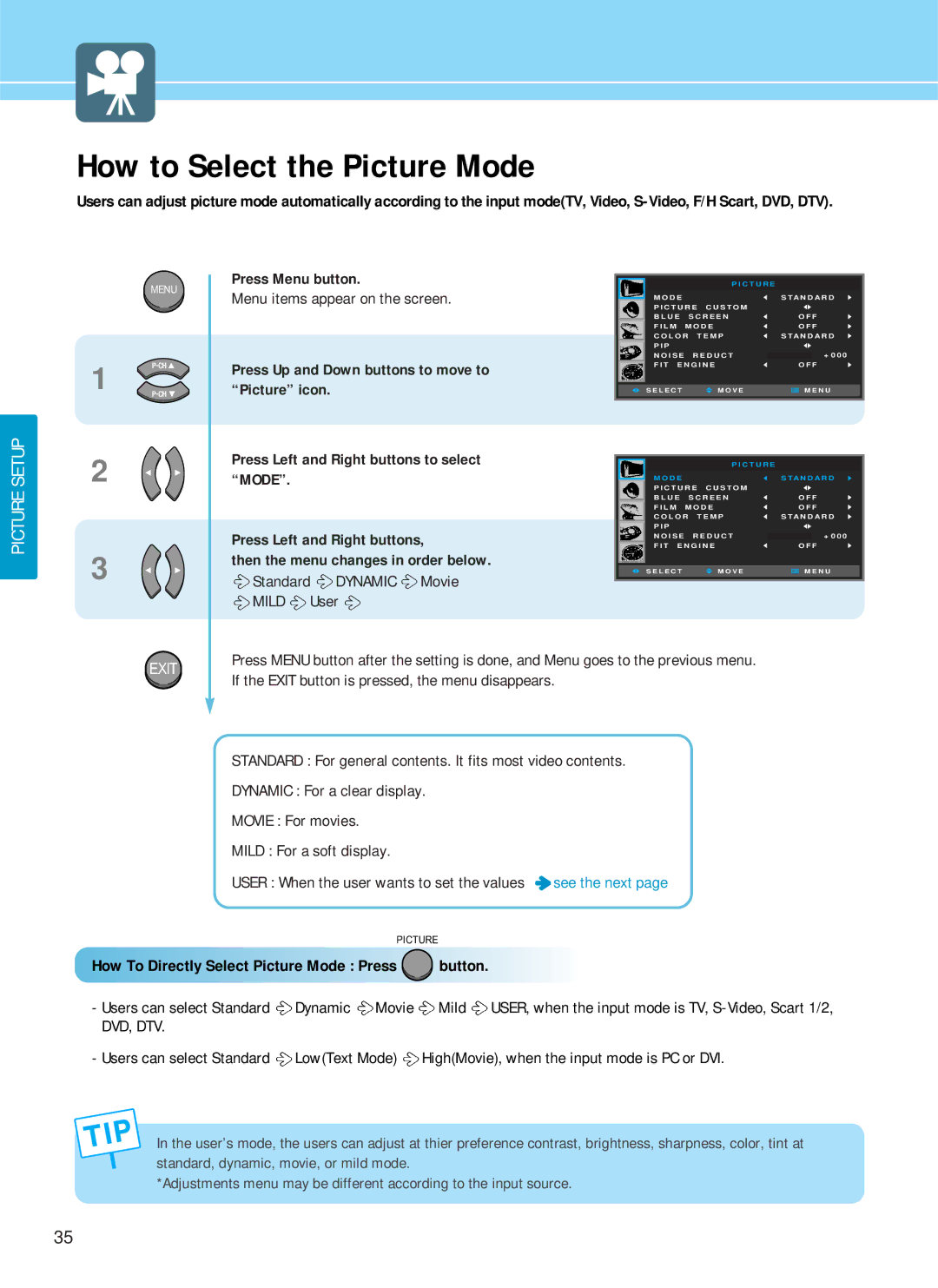 Hyundai HQP421HR, HQP421SR, HQP501HR manual How to Select the Picture Mode, How To Directly Select Picture Mode Press button 