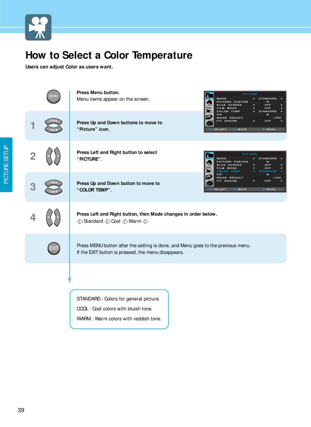 Hyundai HQP421SR, HQP501HR, HQP421HR manual How to Select a Color Temperature, Users can adjust Color as users want 