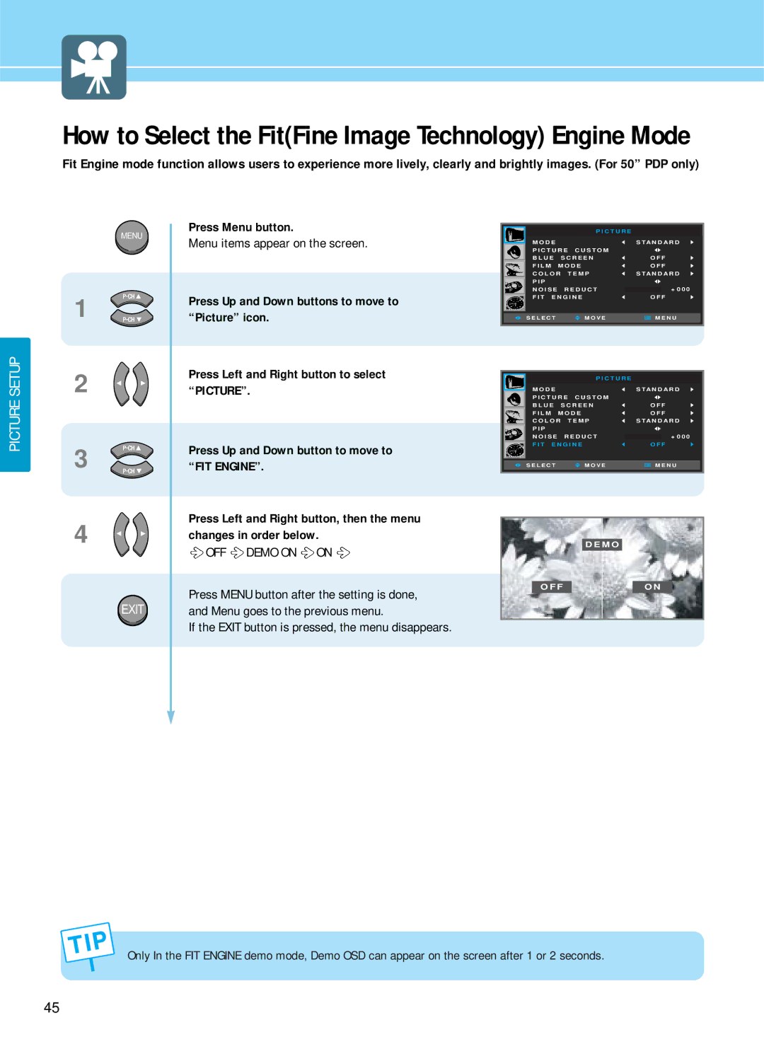 Hyundai HQP421SR, HQP501HR, HQP421HR manual How to Select the FitFine Image Technology Engine Mode, OFF Demo on on 