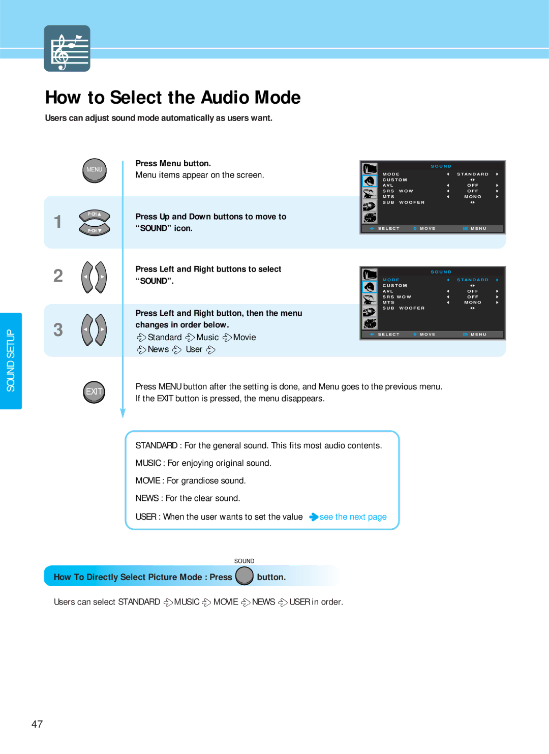 Hyundai HQP421HR, HQP421SR, HQP501HR manual How to Select the Audio Mode, Standard Music Movie News User 