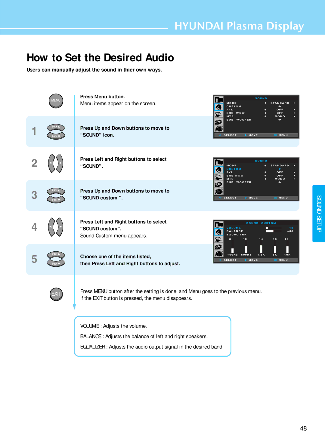 Hyundai HQP421SR, HQP501HR, HQP421HR How to Set the Desired Audio, Users can manually adjust the sound in thier own ways 