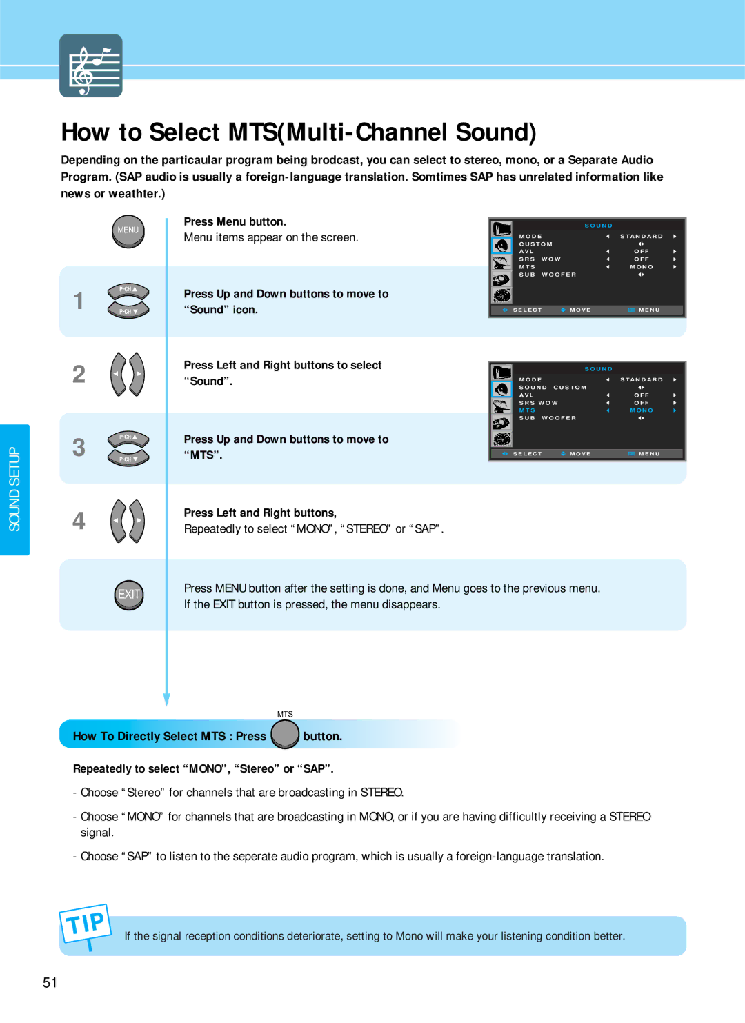 Hyundai HQP421SR, HQP501HR, HQP421HR manual How to Select MTSMulti-Channel Sound, How To Directly Select MTS Press 