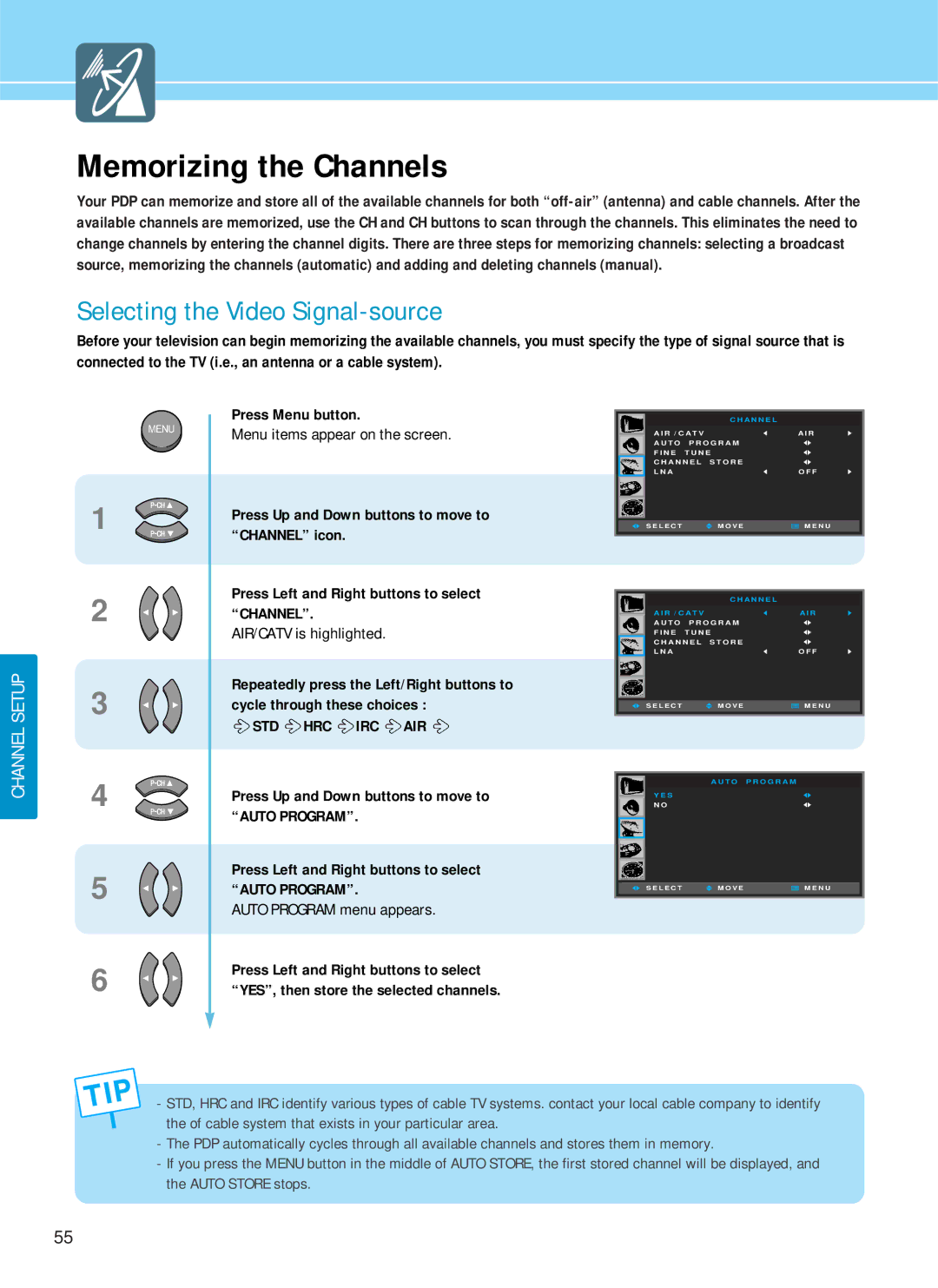 Hyundai HQP501HR, HQP421SR, HQP421HR manual Memorizing the Channels, AIR/CATV is highlighted, Auto Program menu appears 