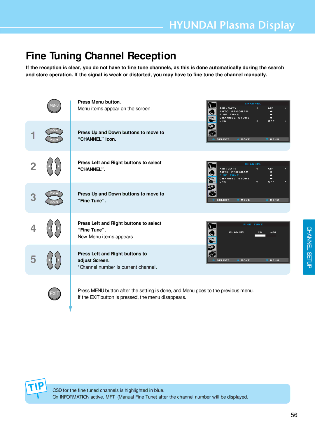 Hyundai HQP421HR Fine Tuning Channel Reception, New Menu items appears, Press Left and Right buttons to adjust Screen 