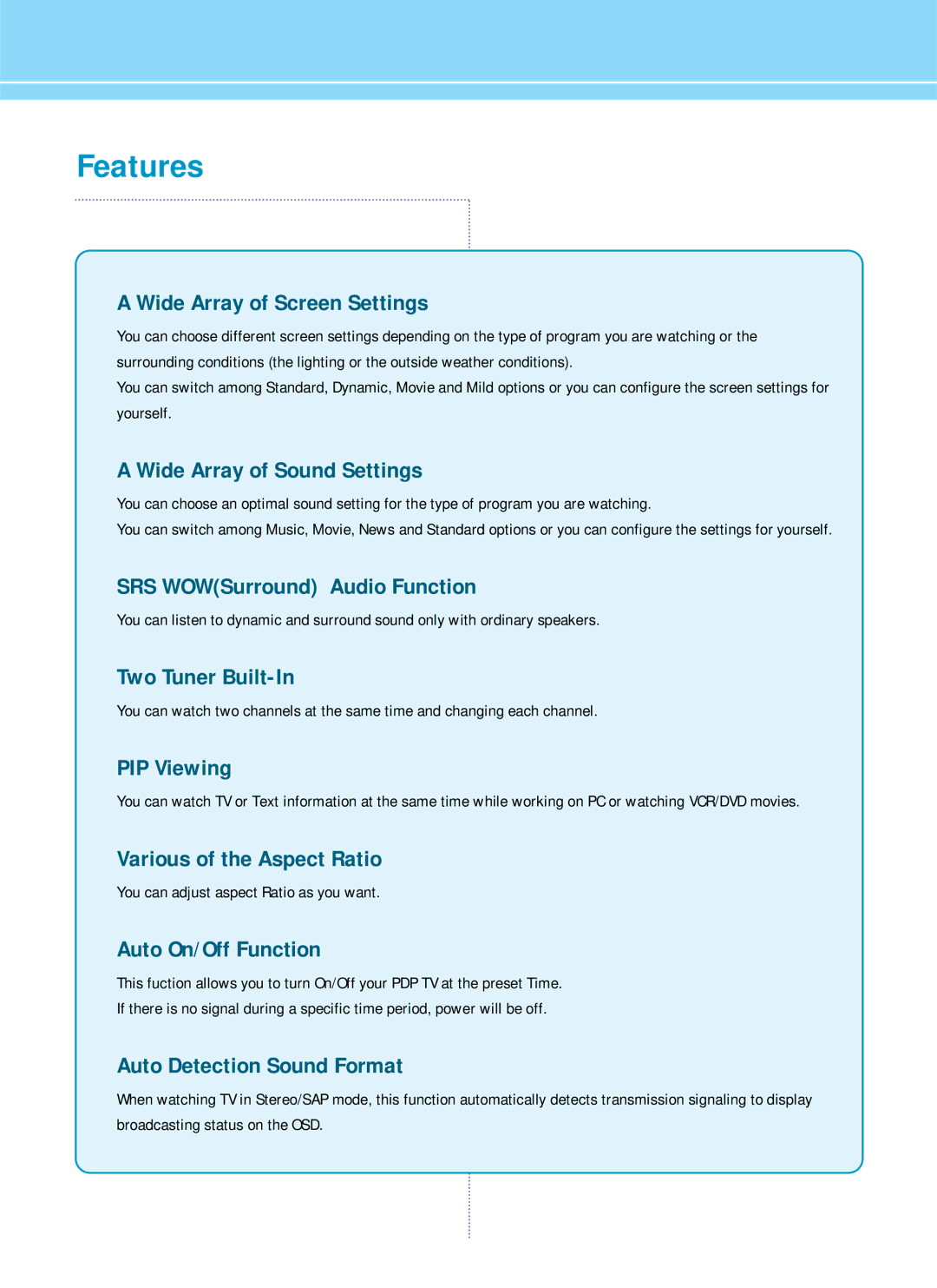 Hyundai HQP421SR, HQP501HR, HQP421HR manual Features, You can adjust aspect Ratio as you want 