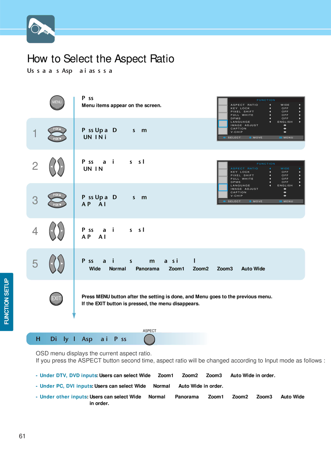 Hyundai HQP501HR, HQP421SR, HQP421HR manual How to Select the Aspect Ratio, Users can adjust Aspect Ratio as users want 