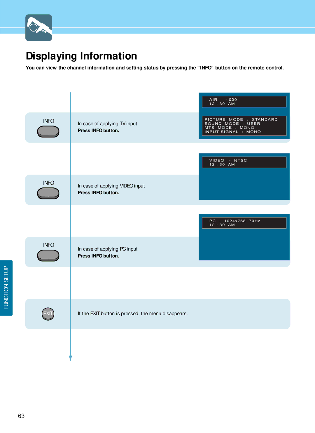 Hyundai HQP421SR manual Displaying Information, Case of applying TV input, Press Info button, Case of applying Video input 