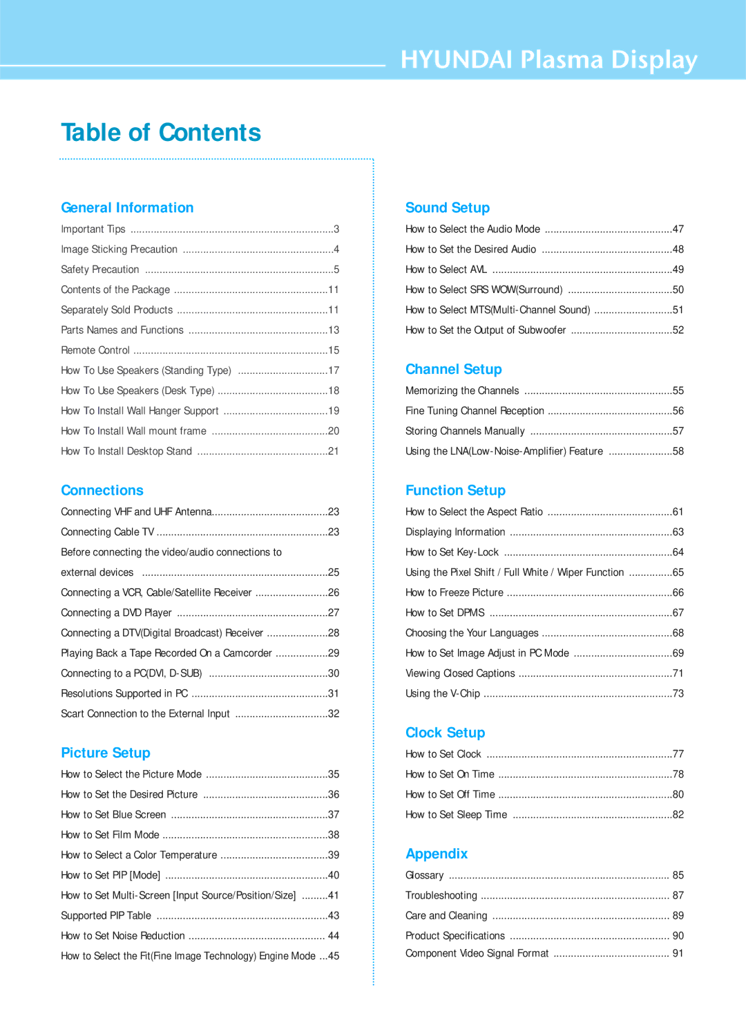 Hyundai HQP501HR, HQP421SR, HQP421HR manual Table of Contents 