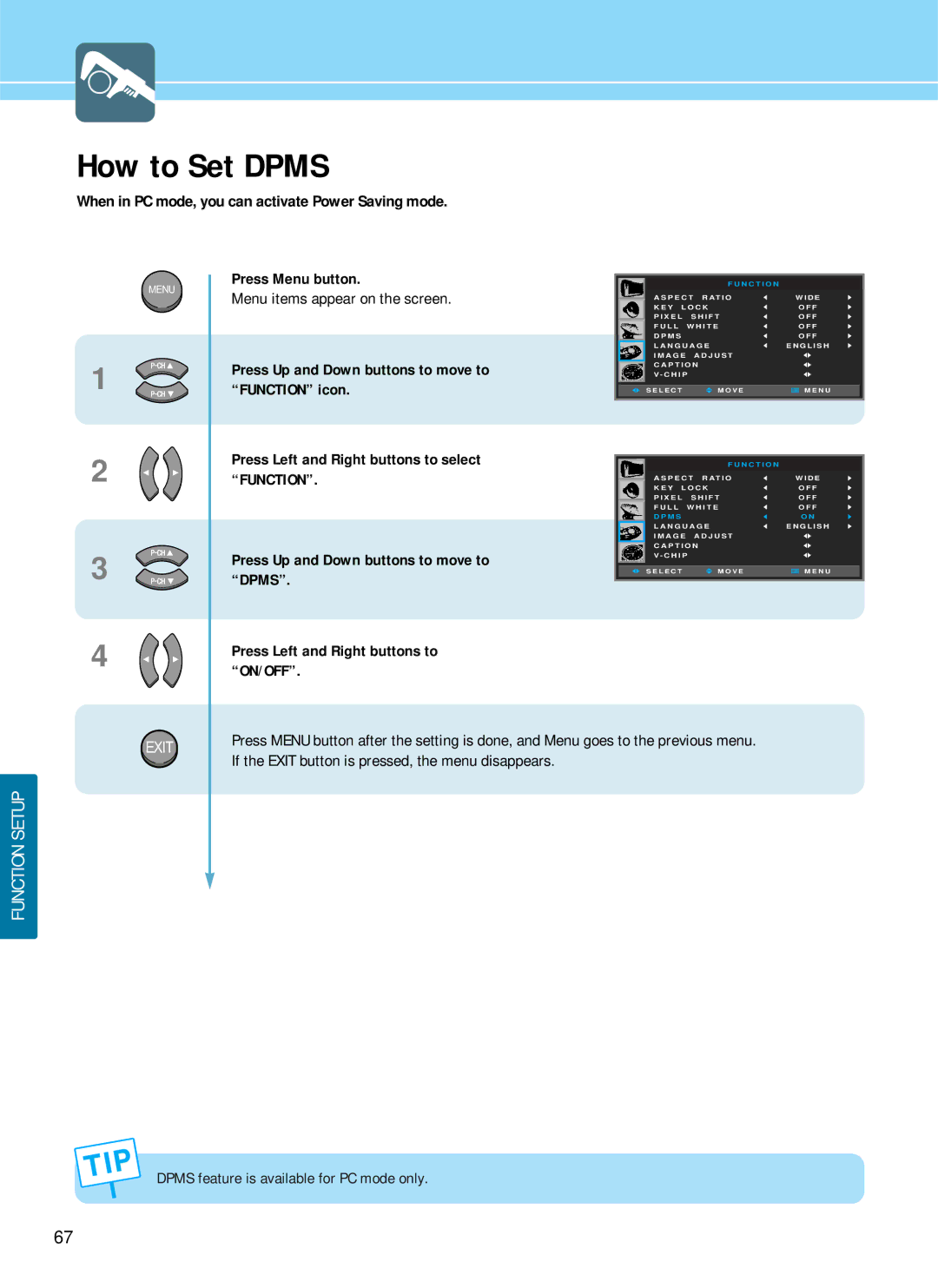 Hyundai HQP501HR, HQP421SR, HQP421HR manual How to Set Dpms, When in PC mode, you can activate Power Saving mode 