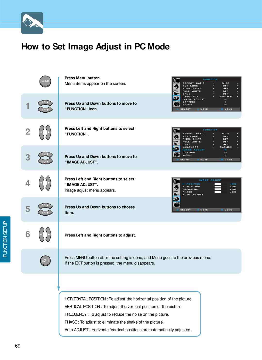 Hyundai HQP421SR, HQP501HR, HQP421HR manual How to Set Image Adjust in PC Mode, Image adjust menu appears 