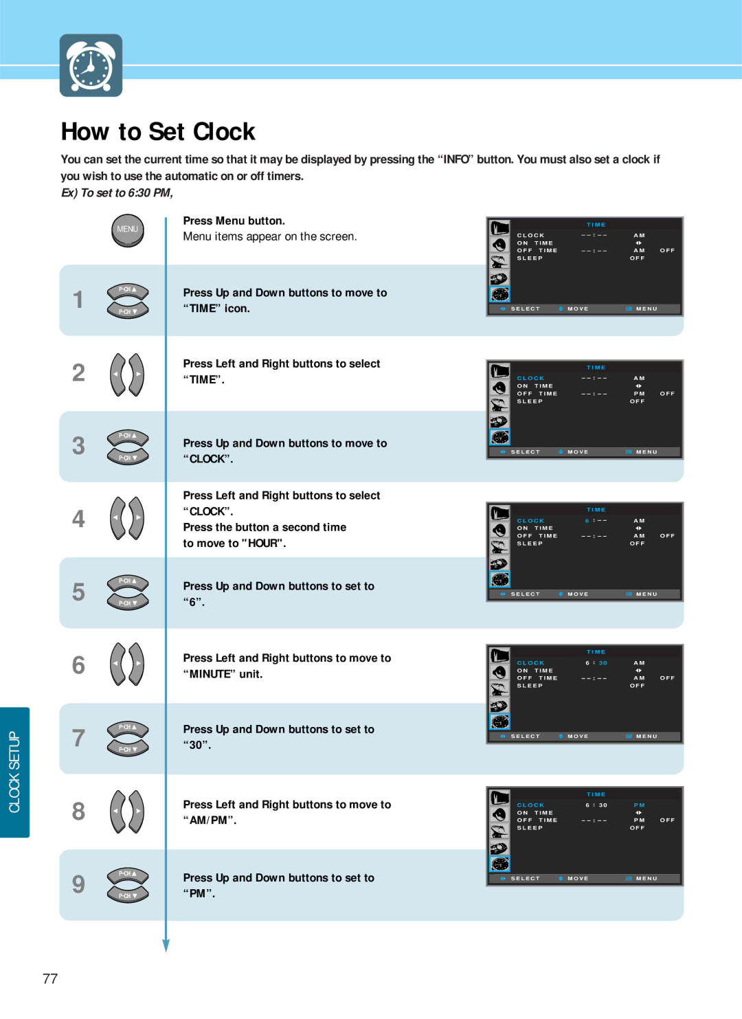 Hyundai HQP421HR, HQP421SR, HQP501HR manual How to Set Clock, Clock Setup 