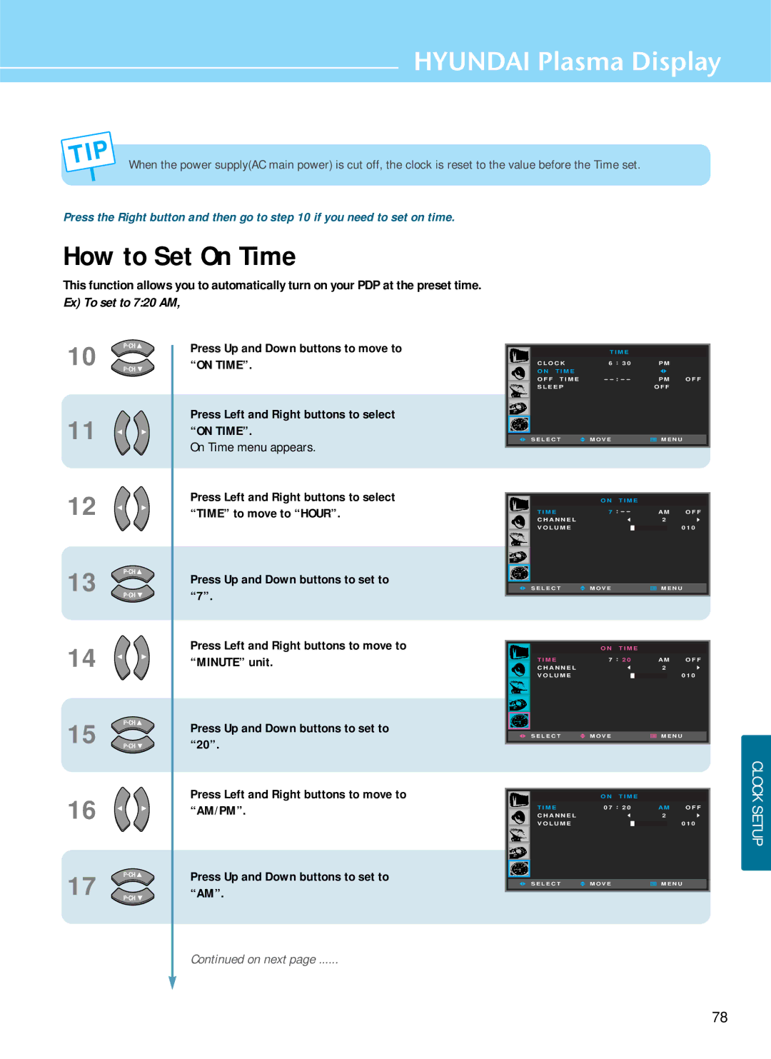 Hyundai HQP421SR, HQP501HR, HQP421HR manual How to Set On Time, On Time menu appears 