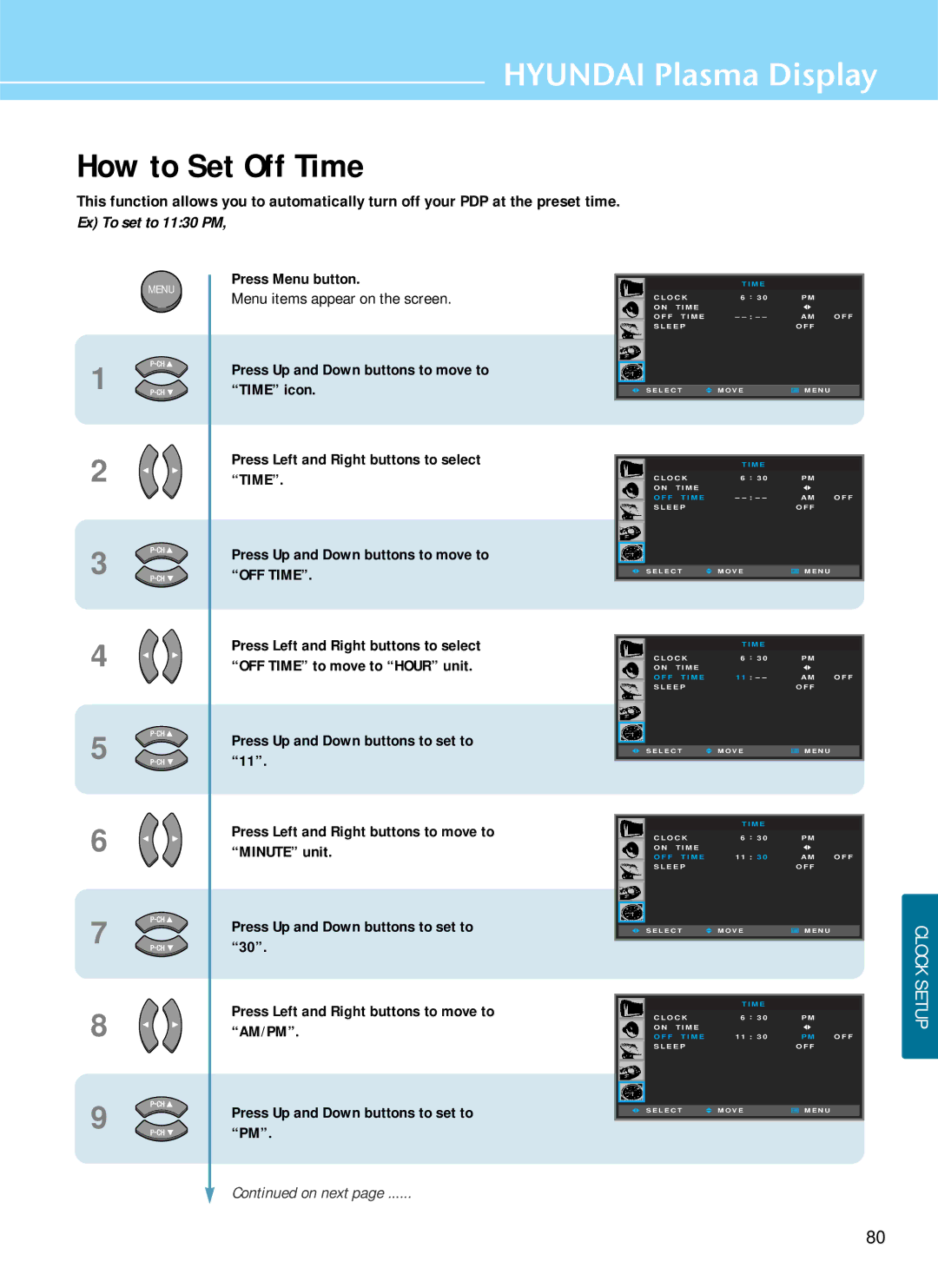 Hyundai HQP421HR, HQP421SR, HQP501HR manual How to Set Off Time, Ex To set to 1130 PM 