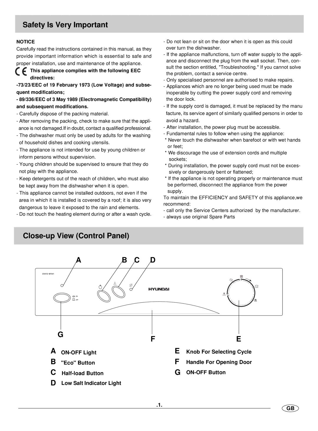 Hyundai IT DW12-BFM manual Safety Is Very Important, Close-up View Control Panel, Carefully dispose of the packing material 