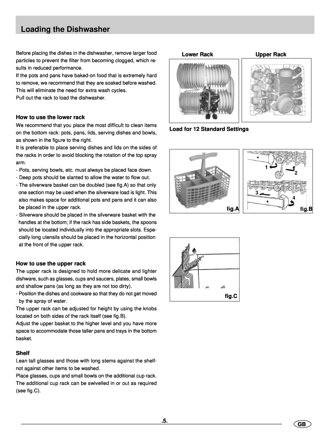 Hyundai IT DW12-BFM Loading the Dishwasher, How to use the lower rack, How to use the upper rack, Shelf, Lower Rack, fig.A 