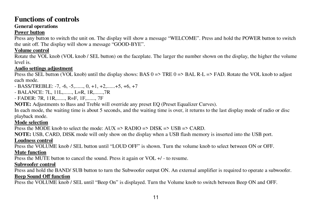 Hyundai IT H-CDM8033 instruction manual Functions of controls 