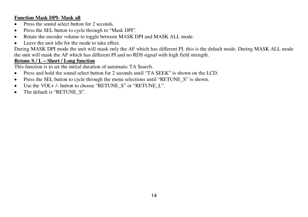 Hyundai IT H-CDM8033 instruction manual Function Mask DPI- Mask all, Retune S / L Short / Long function 