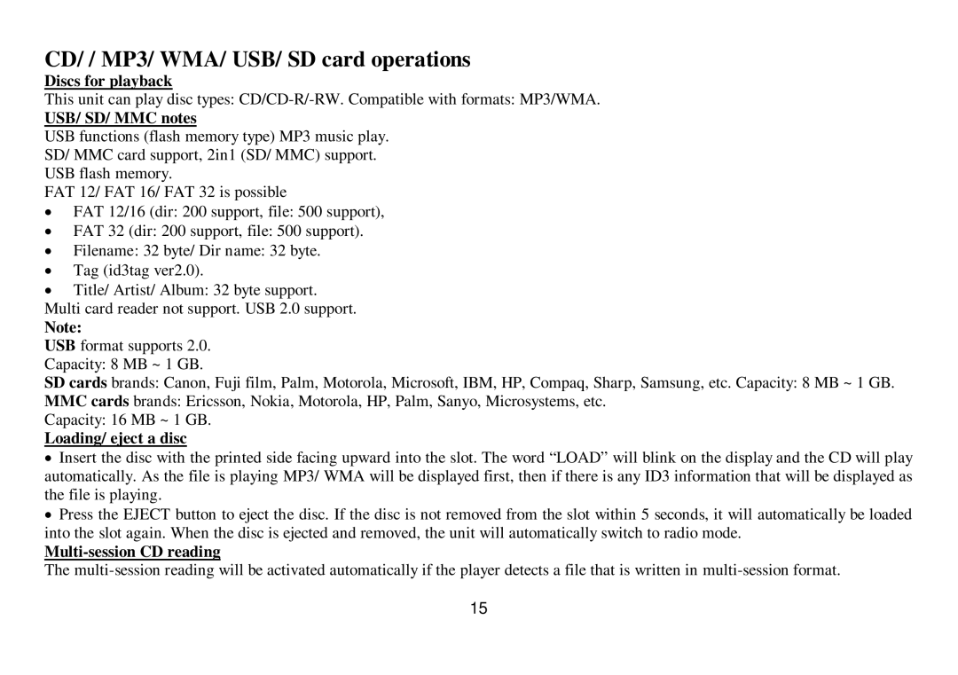 Hyundai IT H-CDM8033 instruction manual CD/ / MP3/ WMA/ USB/ SD card operations, Discs for playback, USB/ SD/ MMC notes 