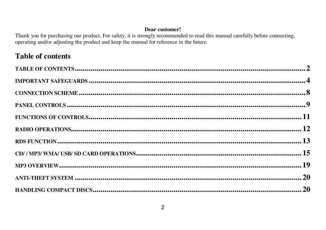 Hyundai IT H-CDM8033 instruction manual Table of contents, CD/ / MP3/ WMA/ USB/ SD Card Operations 