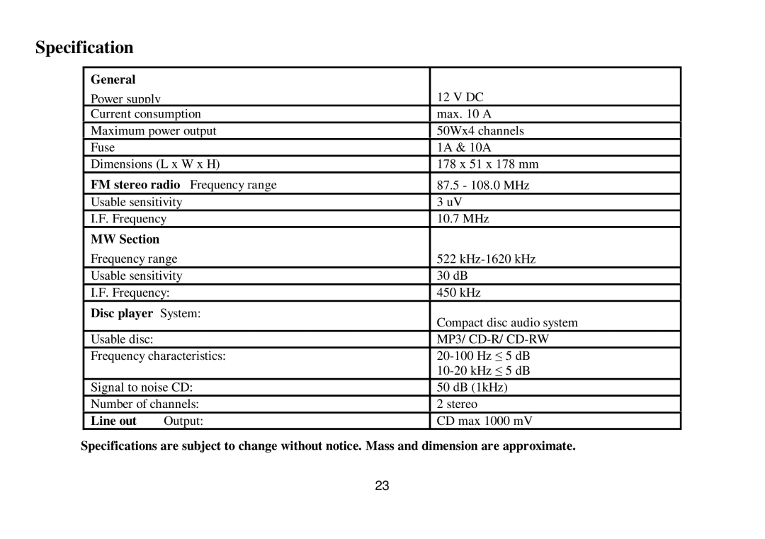 Hyundai IT H-CDM8033 instruction manual Specification 