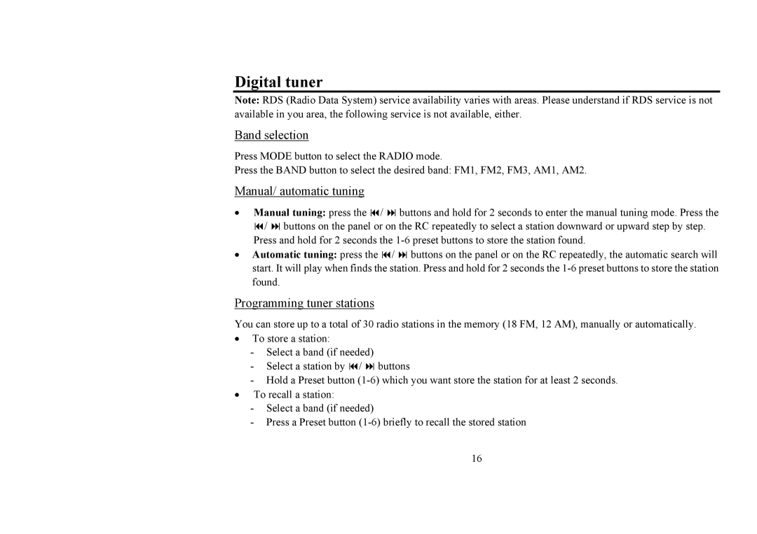 Hyundai IT H-CMD4006 instruction manual Digital tuner, Band selection, Manual/ automatic tuning, Programming tuner stations 