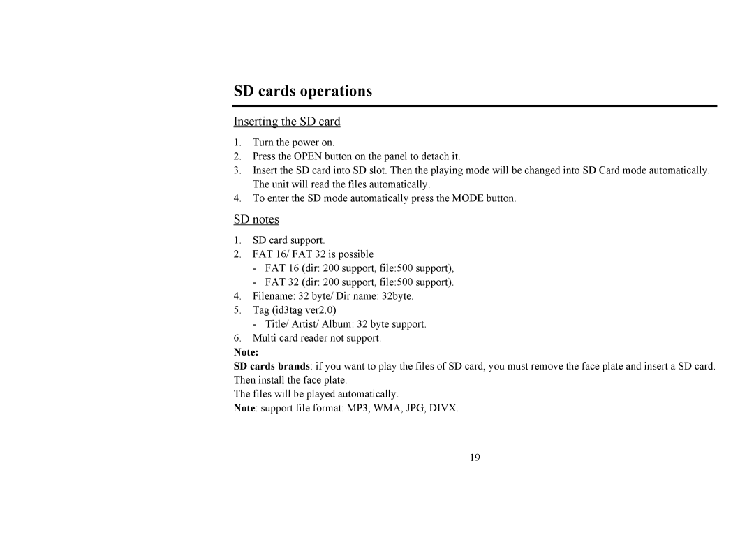 Hyundai IT H-CMD4006 instruction manual SD cards operations, Inserting the SD card, SD notes 