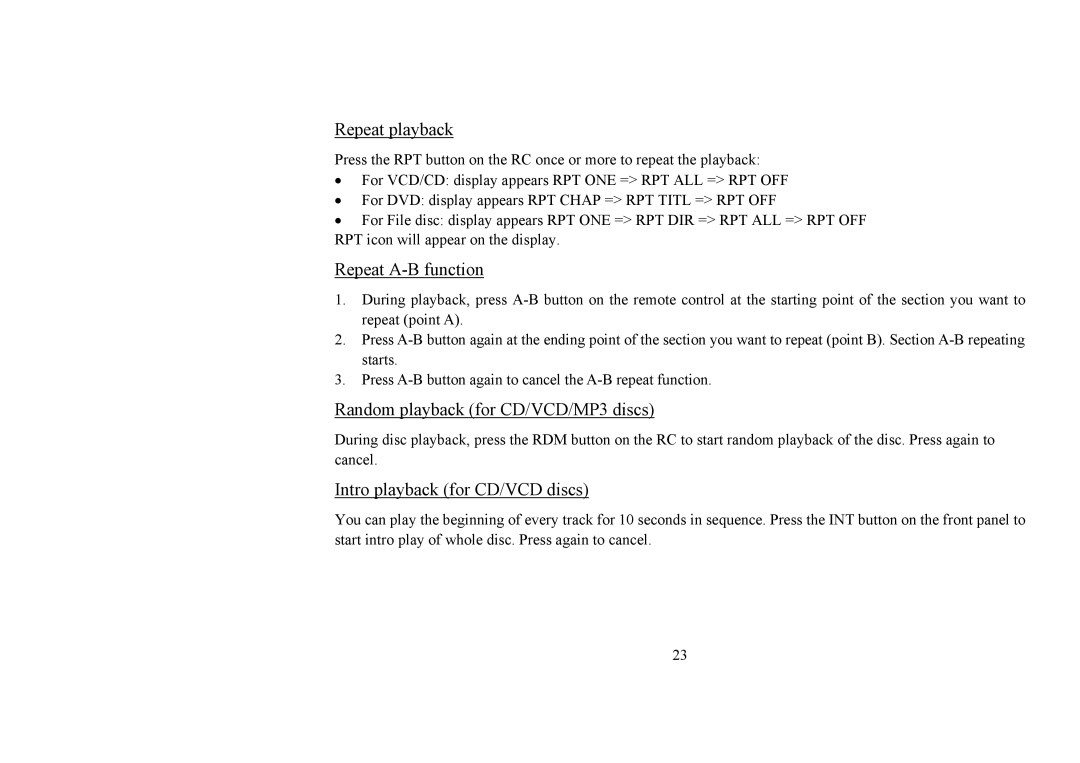 Hyundai IT H-CMD4006 instruction manual Repeat playback, Repeat A-B function, Random playback for CD/VCD/MP3 discs 