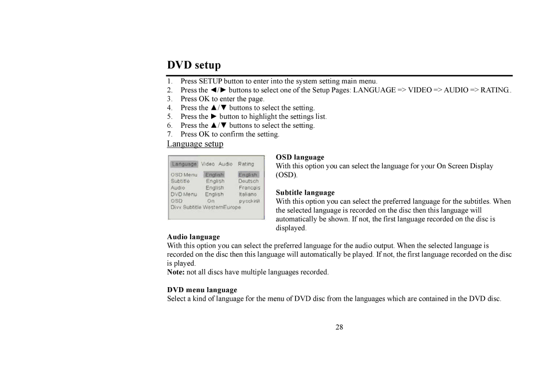 Hyundai IT H-CMD4006 instruction manual DVD setup, Language setup 