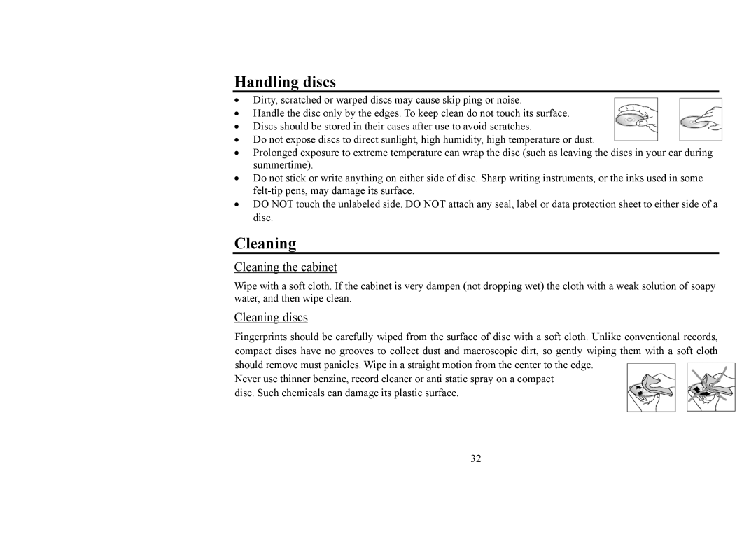 Hyundai IT H-CMD4006 instruction manual Handling discs, Cleaning the cabinet, Cleaning discs 