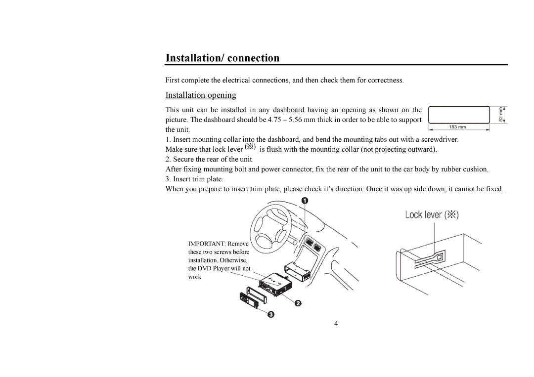 Hyundai IT H-CMD4006 instruction manual Installation/ connection, Installation opening 