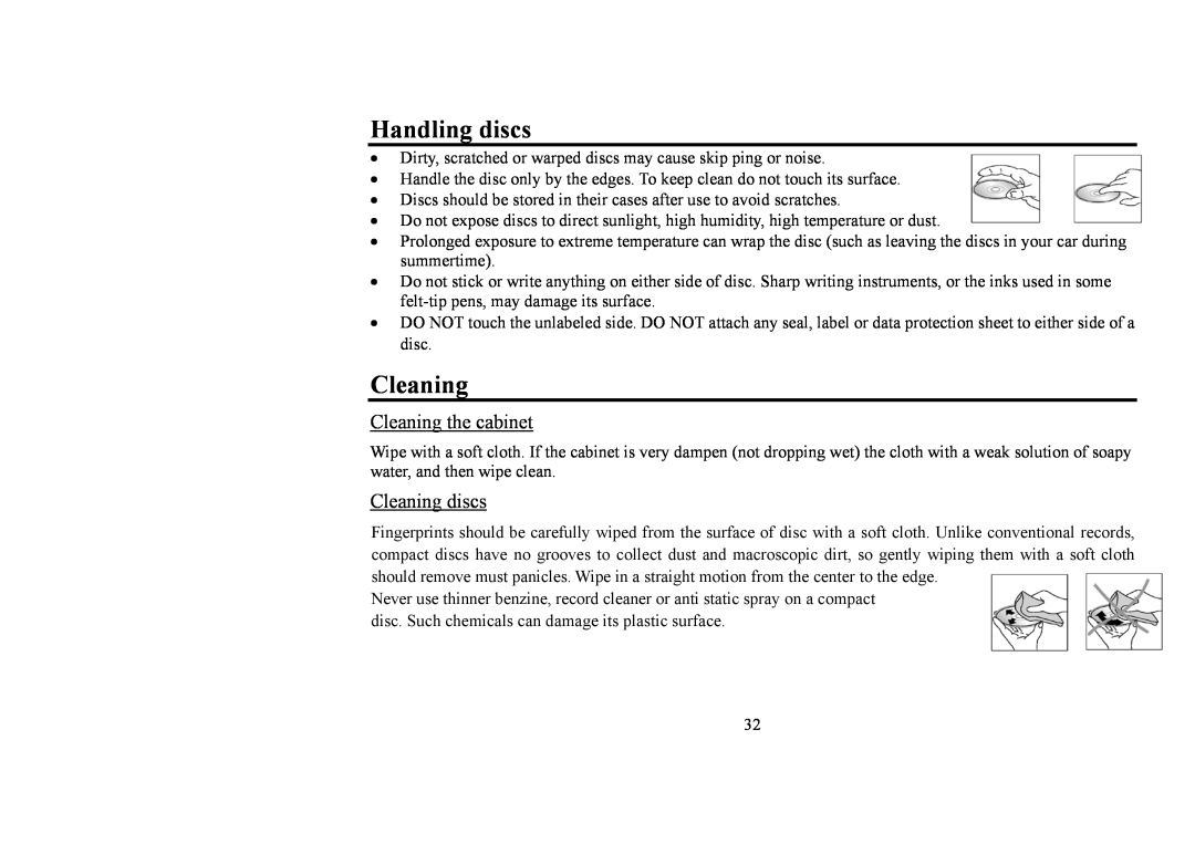 Hyundai IT H-CMD4006 instruction manual Handling discs, Cleaning the cabinet, Cleaning discs 