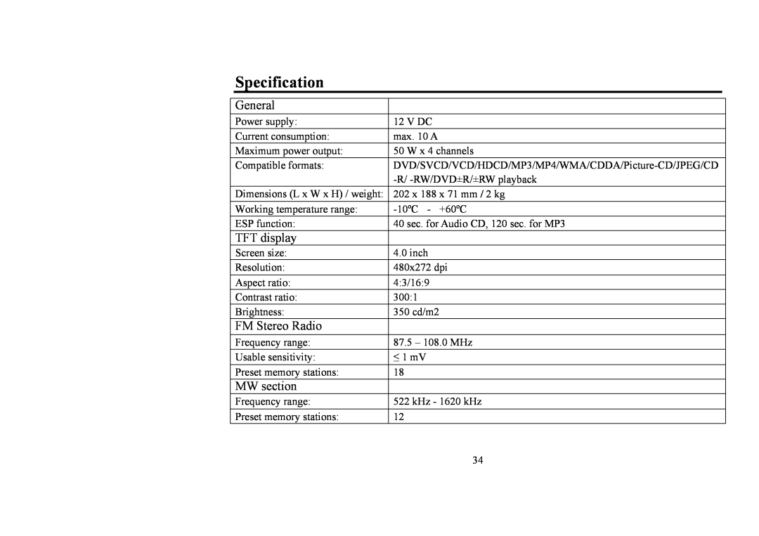 Hyundai IT H-CMD4006 instruction manual Specification, General, TFT display, FM Stereo Radio, MW section 