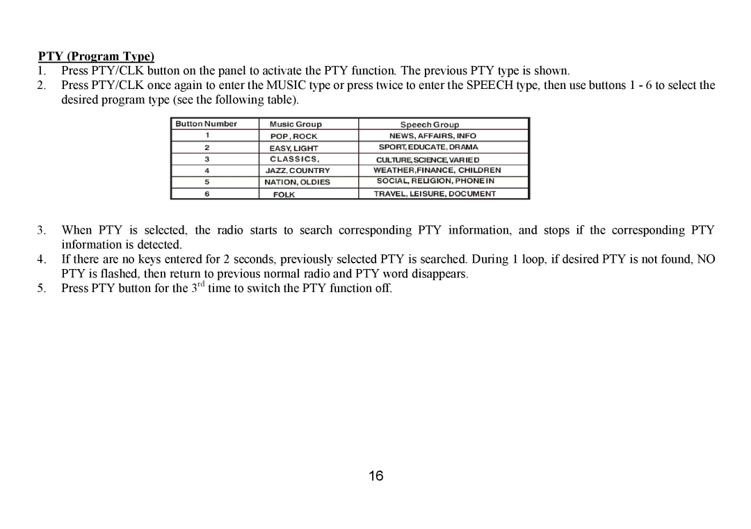 Hyundai IT H-CMD7075 instruction manual PTY Program Type 