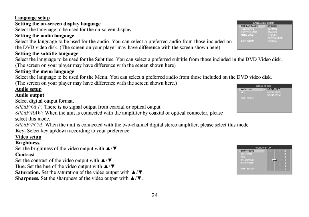 Hyundai IT H-CMD7075 Language setup Setting the on-screen display language, Setting the audio language, Contrast 