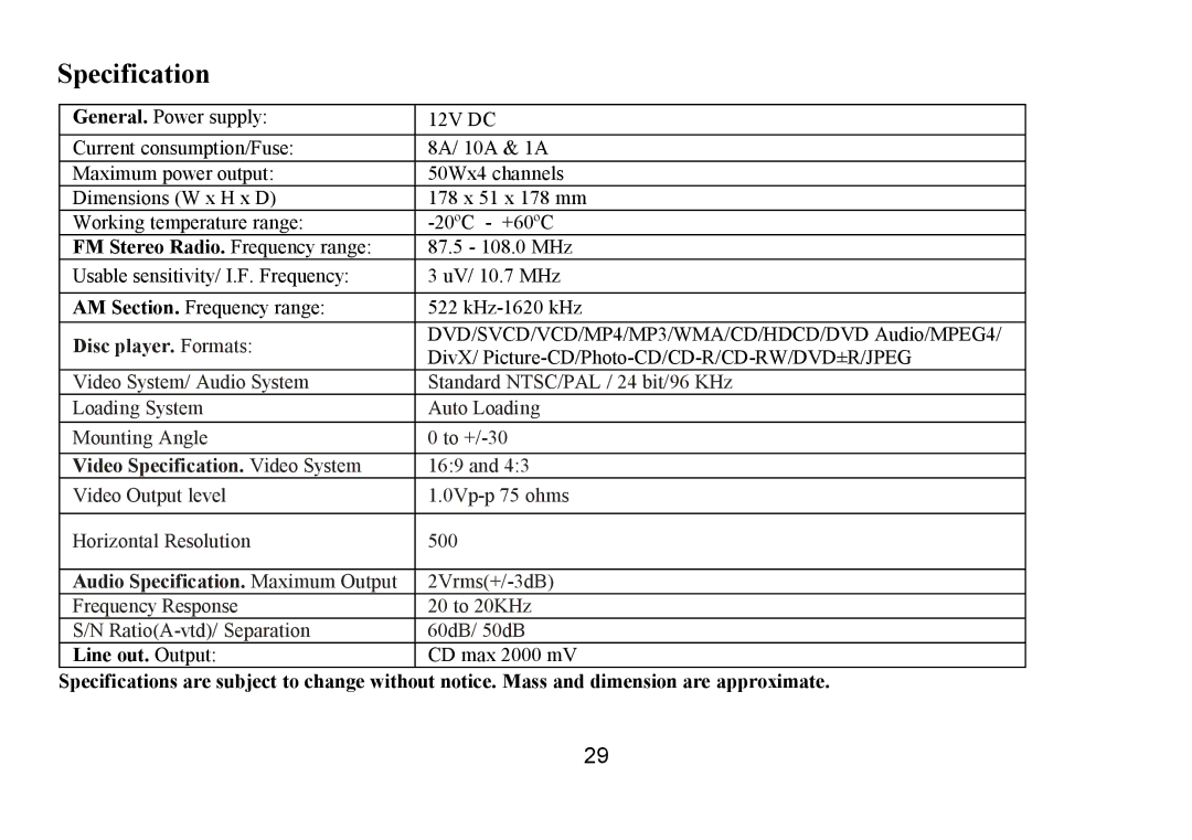 Hyundai IT H-CMD7075 instruction manual Specification, FM Stereo Radio. Frequency range, Line out. Output 