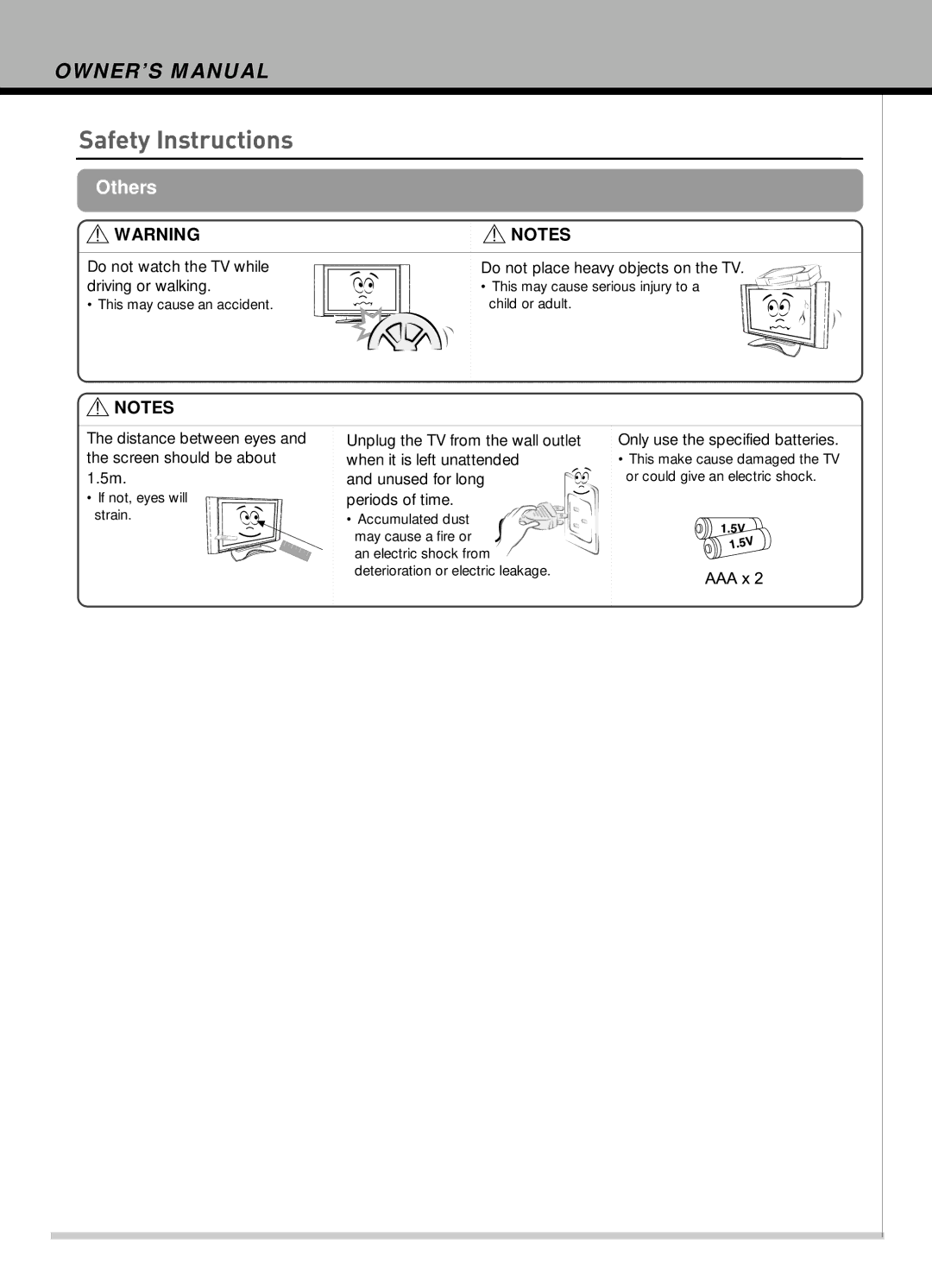 Hyundai IT HLT-2672 owner manual Do not watch the TV while driving or walking, Do not place heavy objects on the TV 