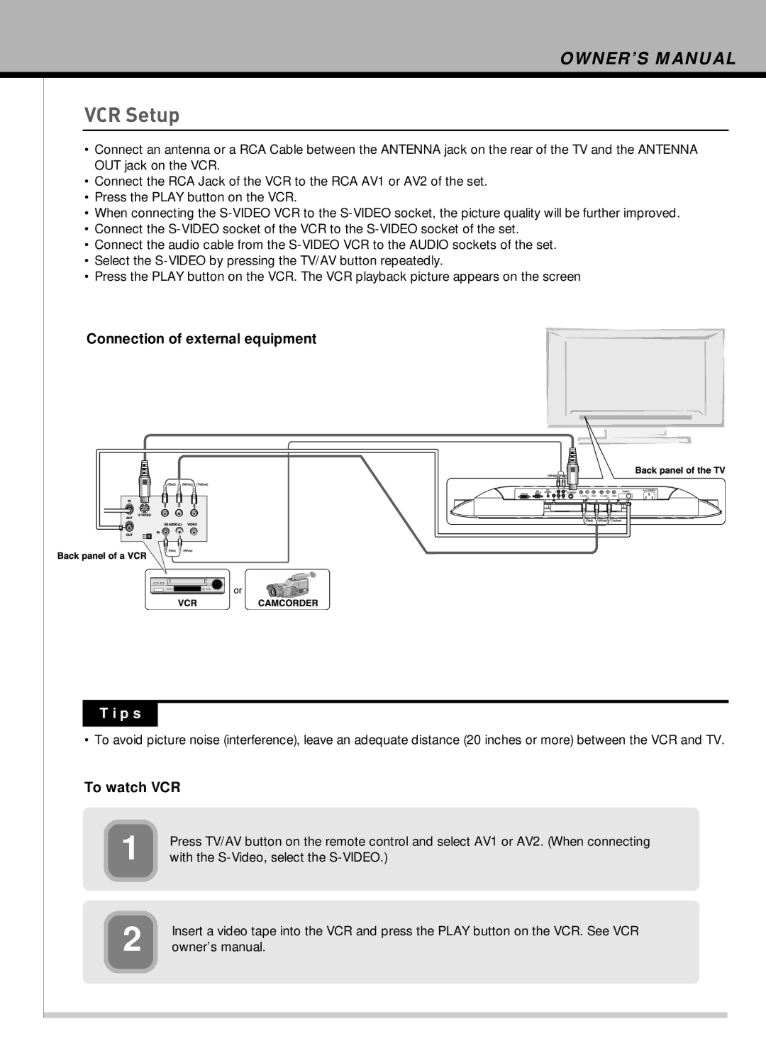 Hyundai IT HLT-2672 VCR Setup, Connection of external equipment, To watch VCR, With the S-Video, select the S-VIDEO 