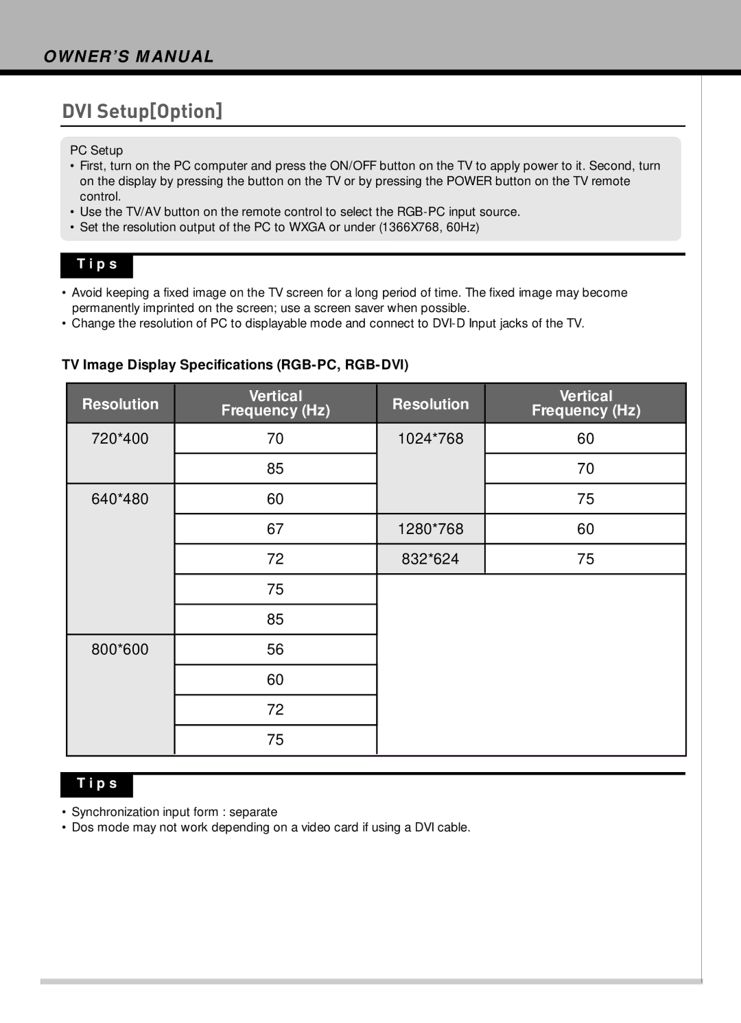 Hyundai IT HLT-2672 DVI SetupOption, Resolution Vertical Frequency Hz, TV Image Display Specifications RGB-PC, RGB-DVI 