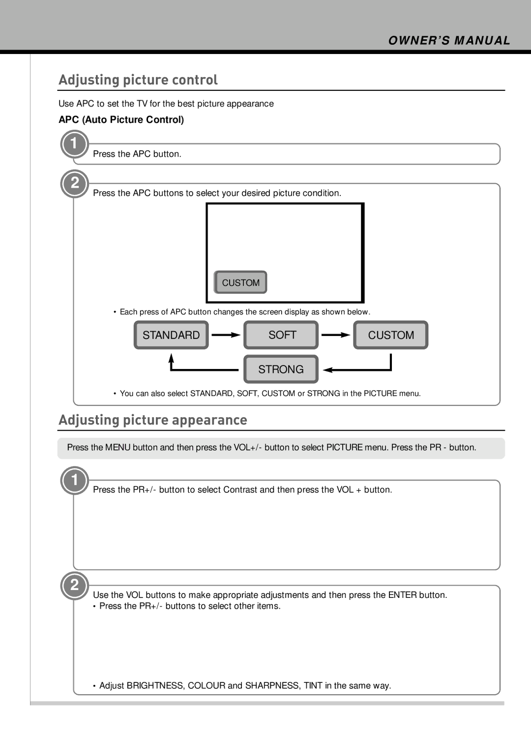 Hyundai IT HLT-2672 owner manual Adjusting picture control, Adjusting picture appearance, APC Auto Picture Control 