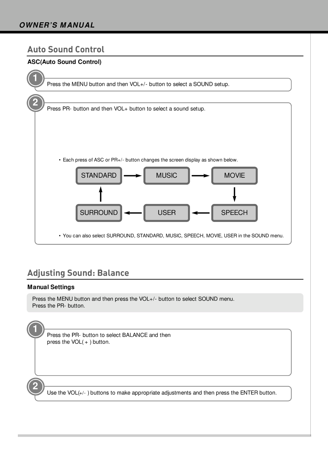 Hyundai IT HLT-2672 owner manual Adjusting Sound Balance, ASCAuto Sound Control, Manual Settings 