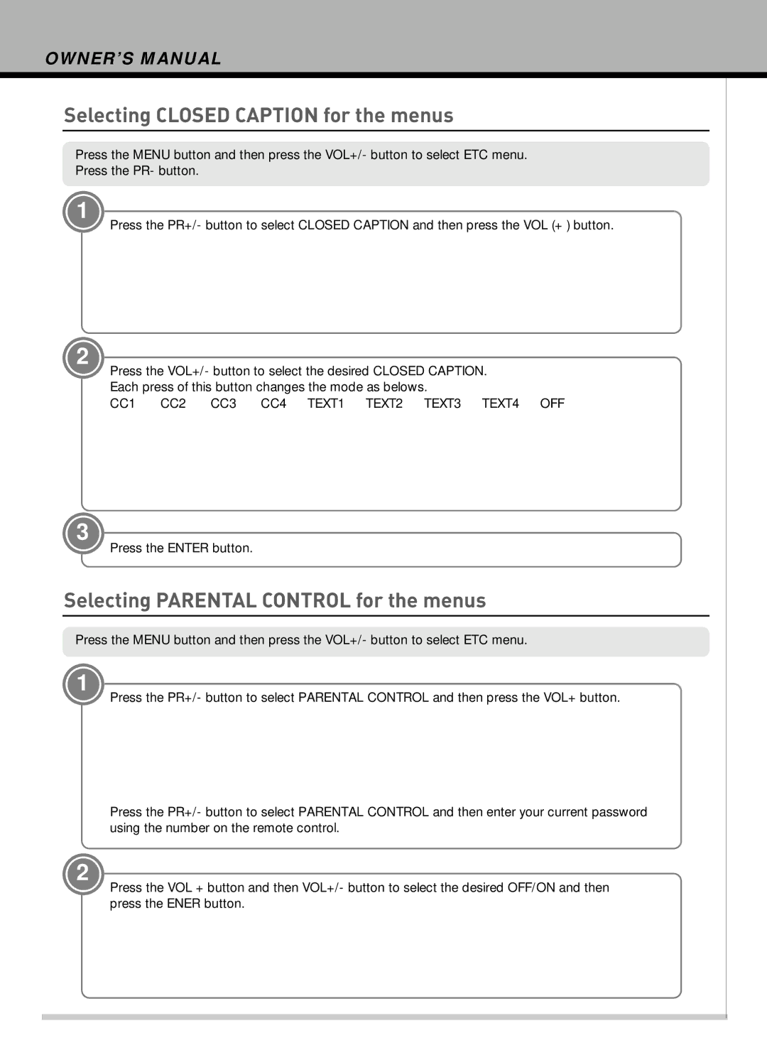 Hyundai IT HLT-2672 owner manual Selecting Closed Caption for the menus, Selecting Parental Control for the menus 